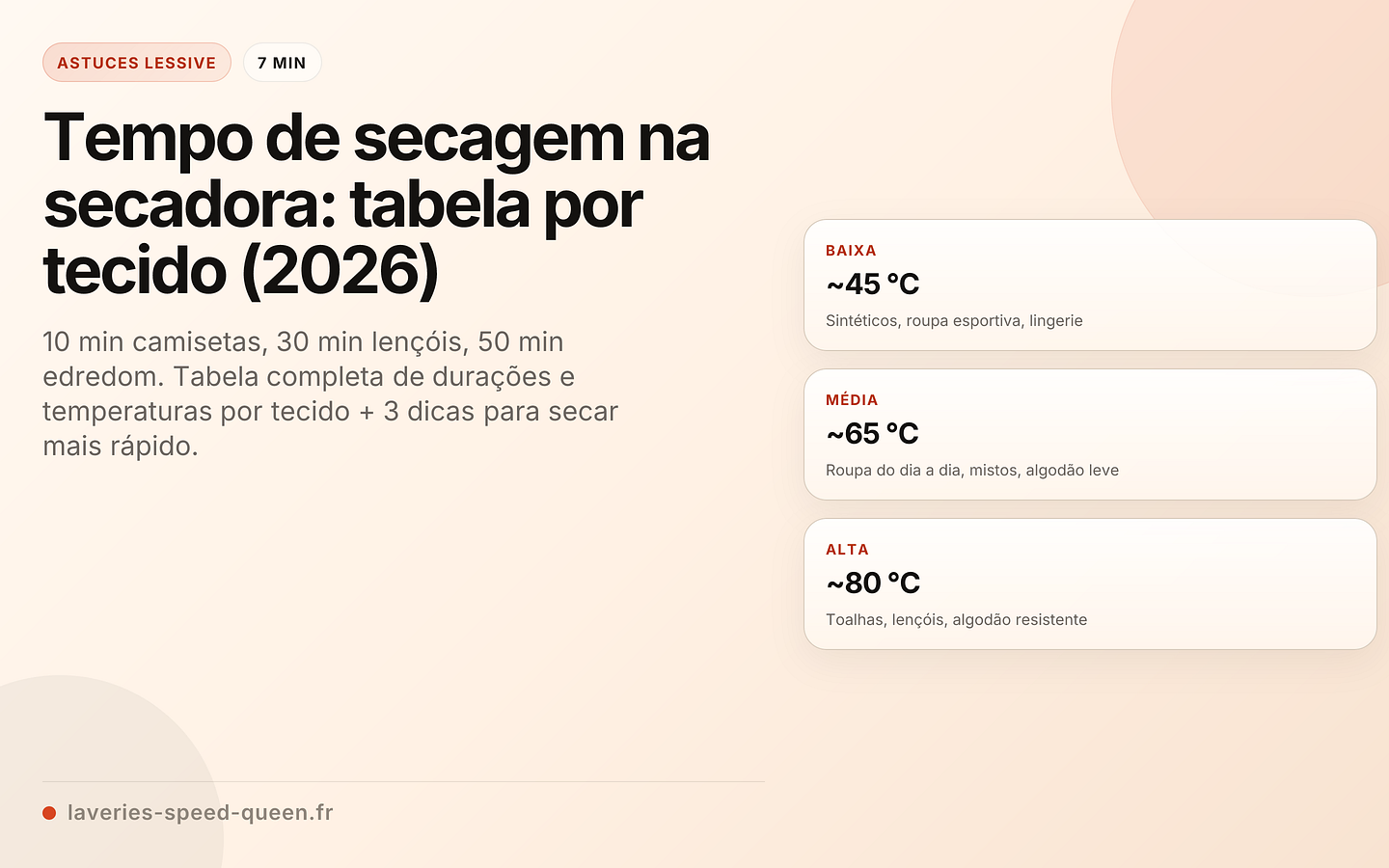 Tempo de secagem na secadora: tabela por tecido (2026)