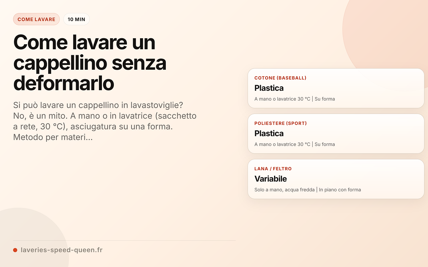 Metodo di lavaggio per tipo di cappellino