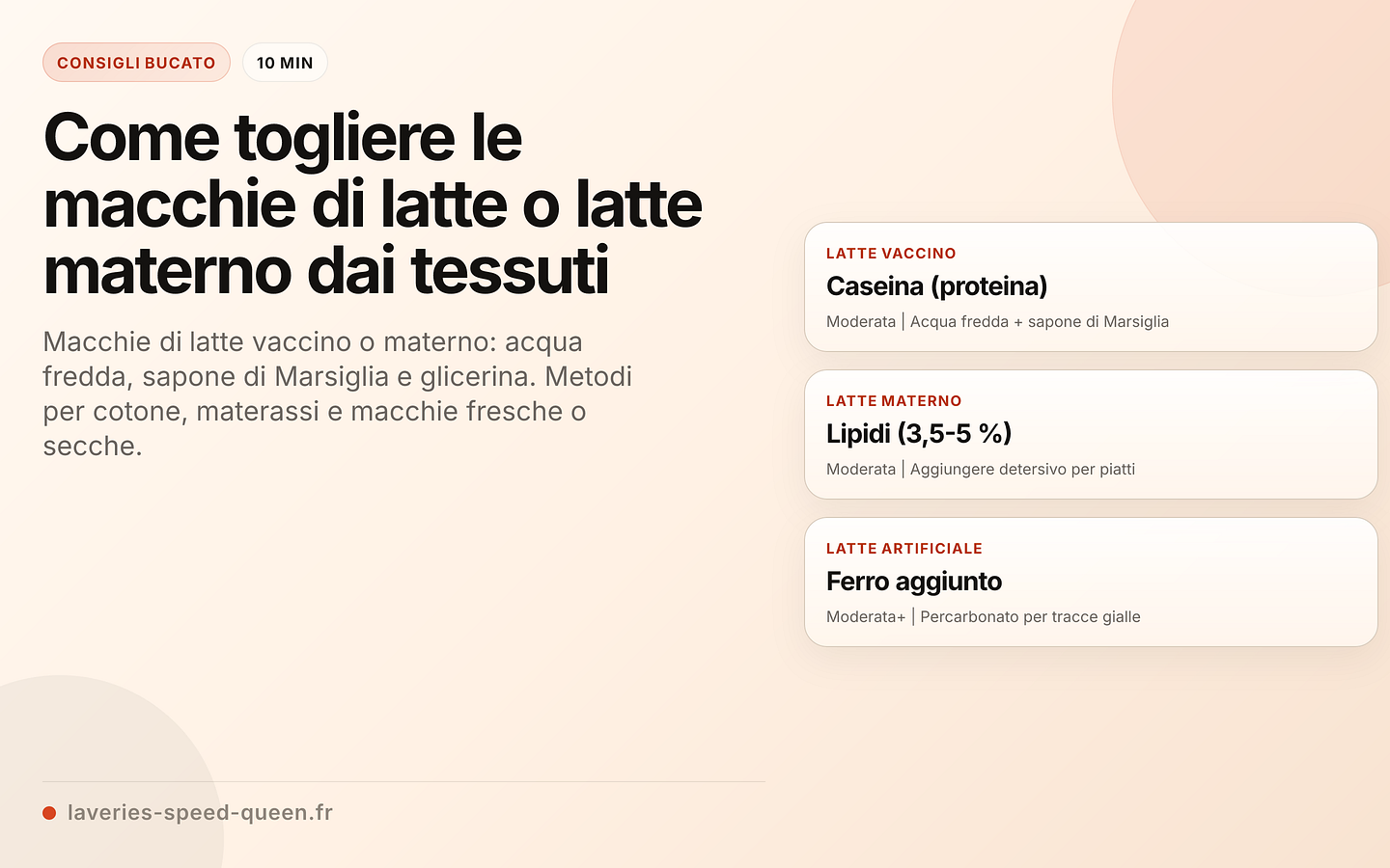 Rimozione delle macchie di latte per tipo e componente