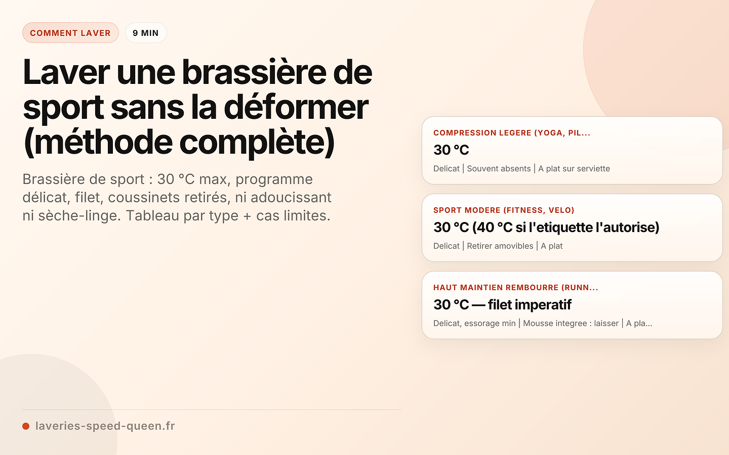 Brassière de sport posée à plat sur une serviette après lavage à 30 °C en filet